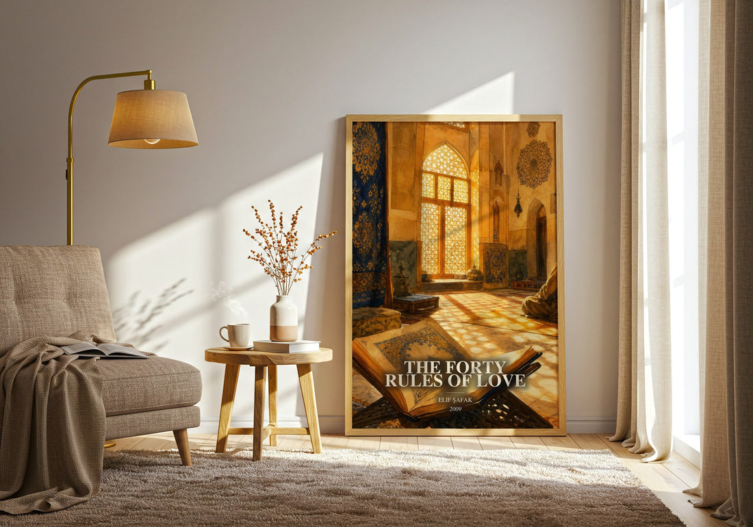 The Forty Rules of Love watercolour print in frame leaning in hallway – contemporary fiction wall art