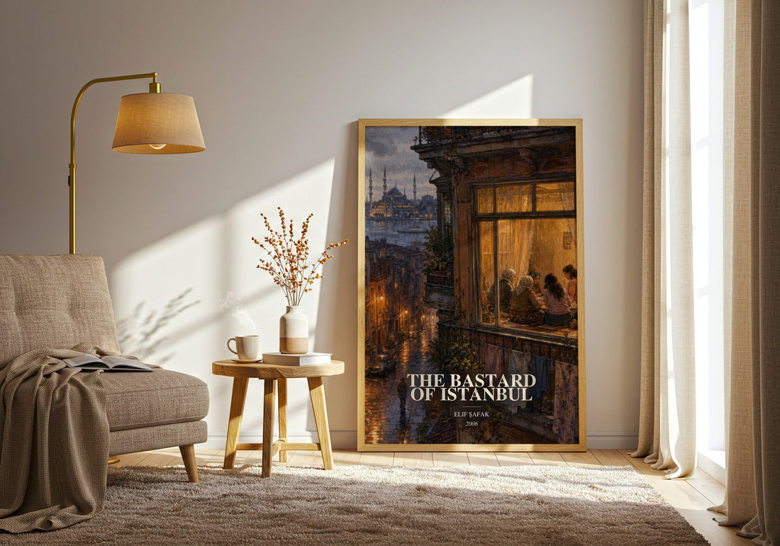 The Bastard of Istanbul watercolour print in frame leaning in hallway – contemporary fiction wall art