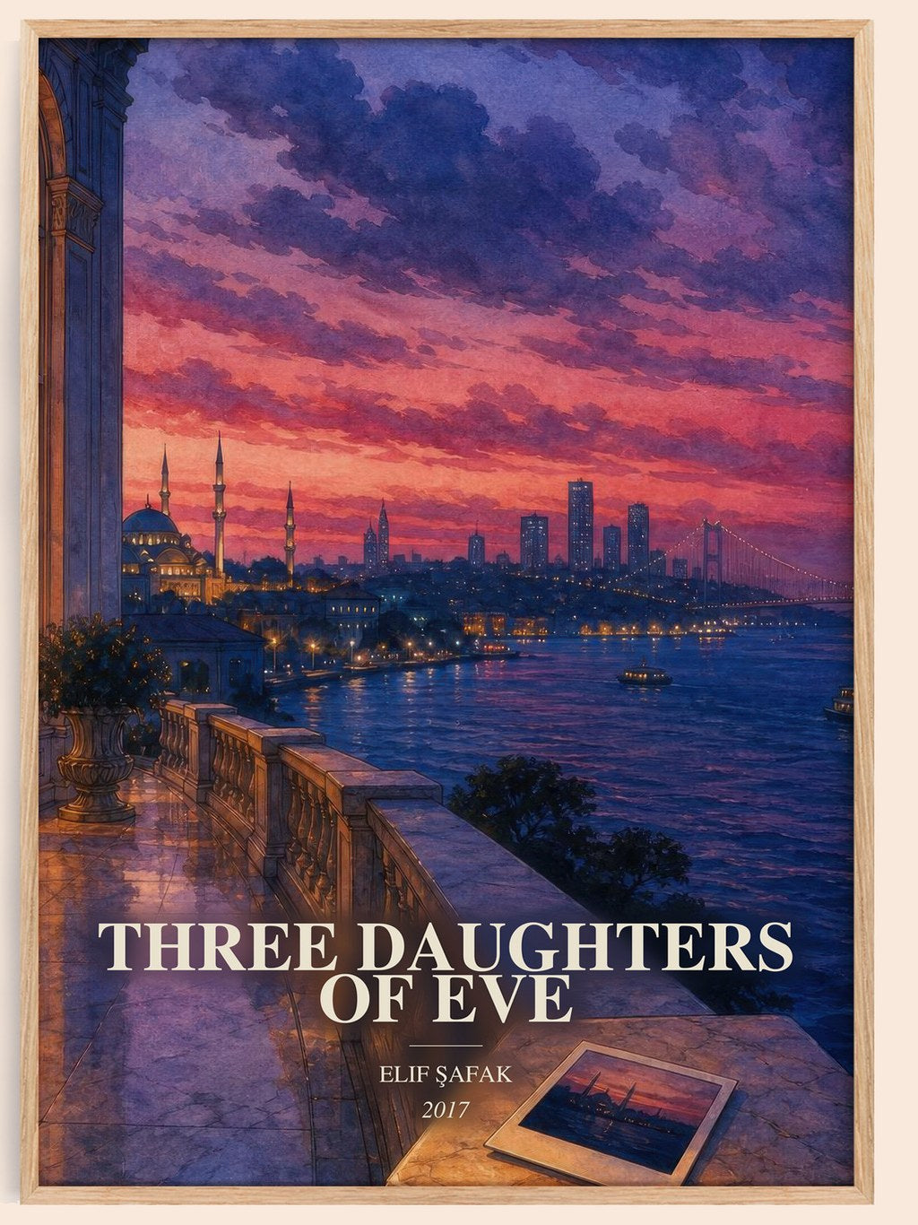 Three Daughters of Eve watercolour book poster by Elif Şafak – framed literary art print