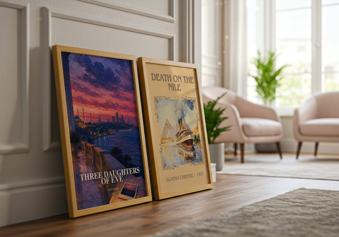 Three Daughters of Eve watercolour print framed by window – literary home decor