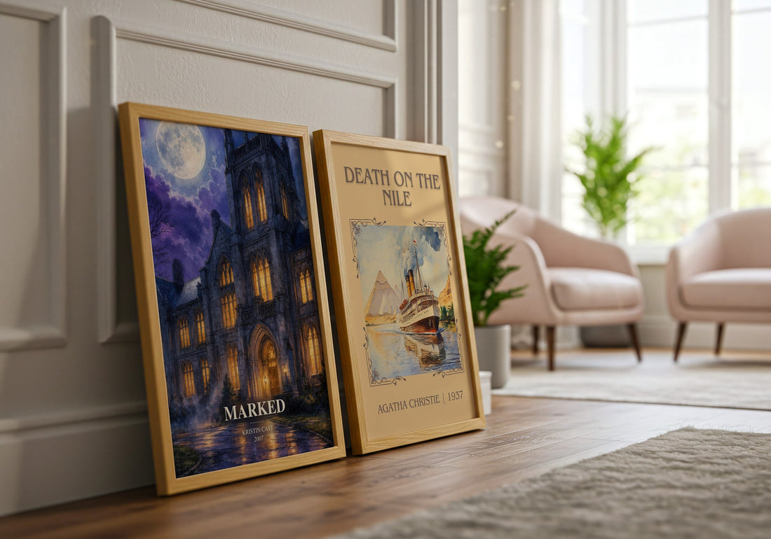 Marked watercolour print framed by window – literary home decor
