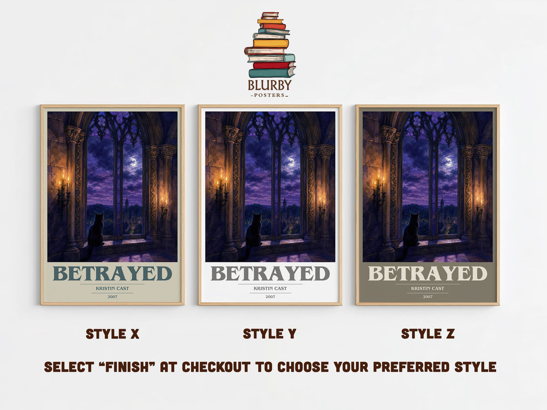 Betrayed book cover print in frame leaning in hallway – young adult wall art (mockup)
