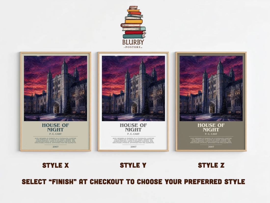 House of Night bookish print in frame leaning in hallway – fantasy wall art (mockup)