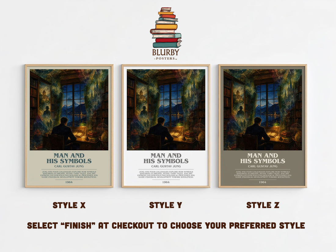 Man and His Symbols bookish print in frame leaning in hallway – non fiction wall art (mockup)