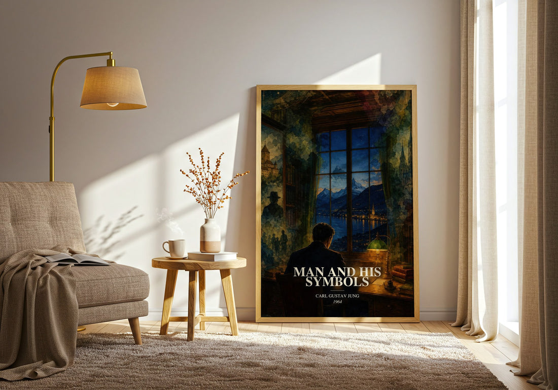 Man and His Symbols watercolour print in frame leaning in hallway – non fiction wall art