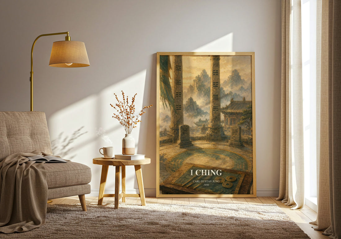 I Ching watercolour print in frame leaning in hallway – philosophy wall art