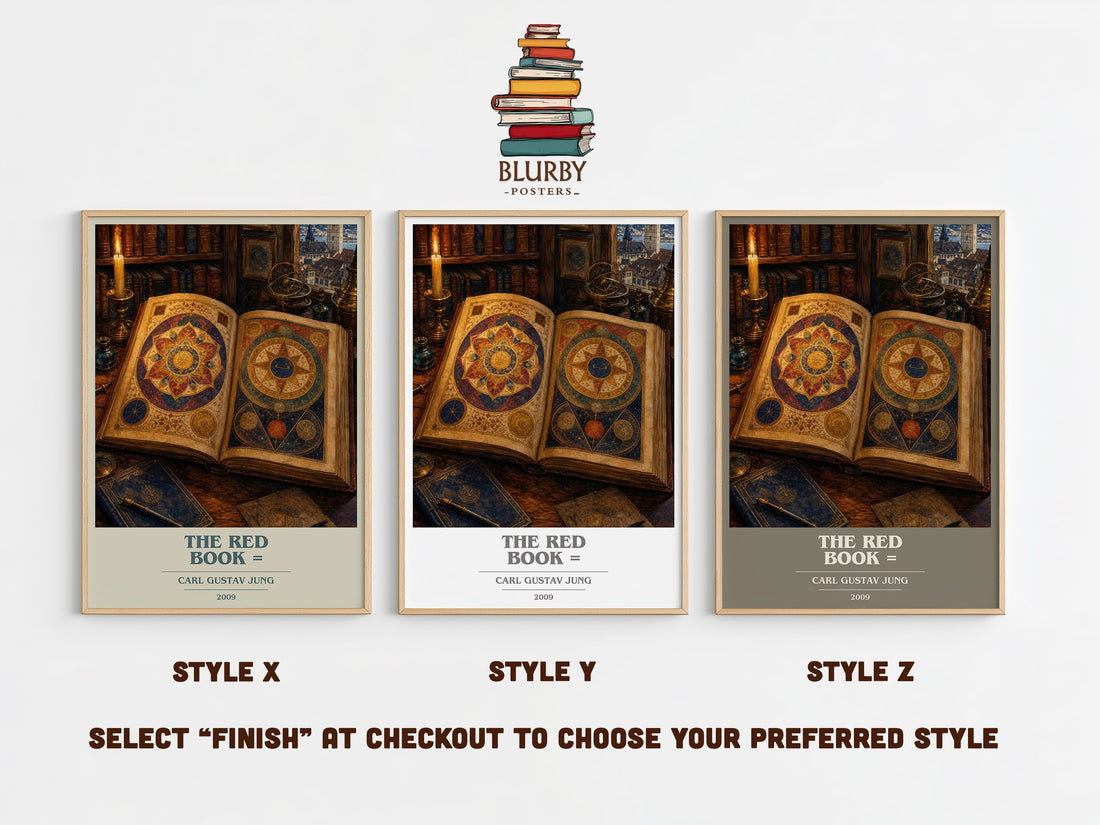 The red book = book cover print in frame leaning in hallway – non fiction wall art (mockup)