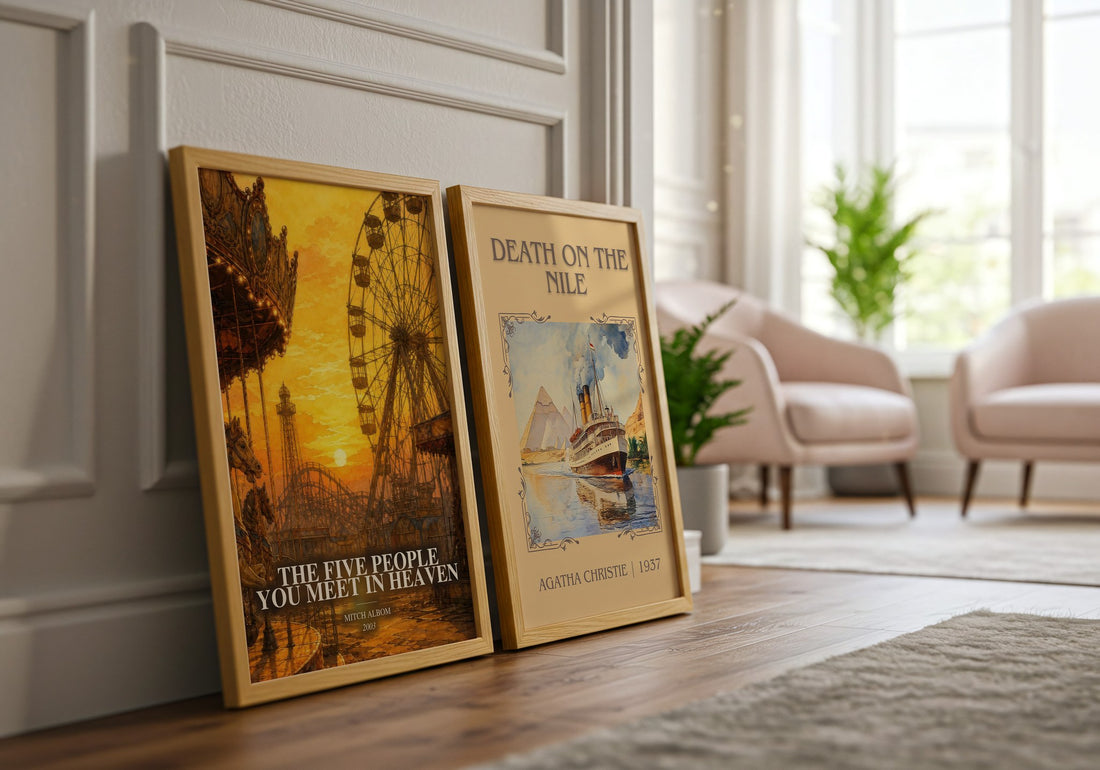 The Five People You Meet in Heaven watercolour print framed by window – literary home decor
