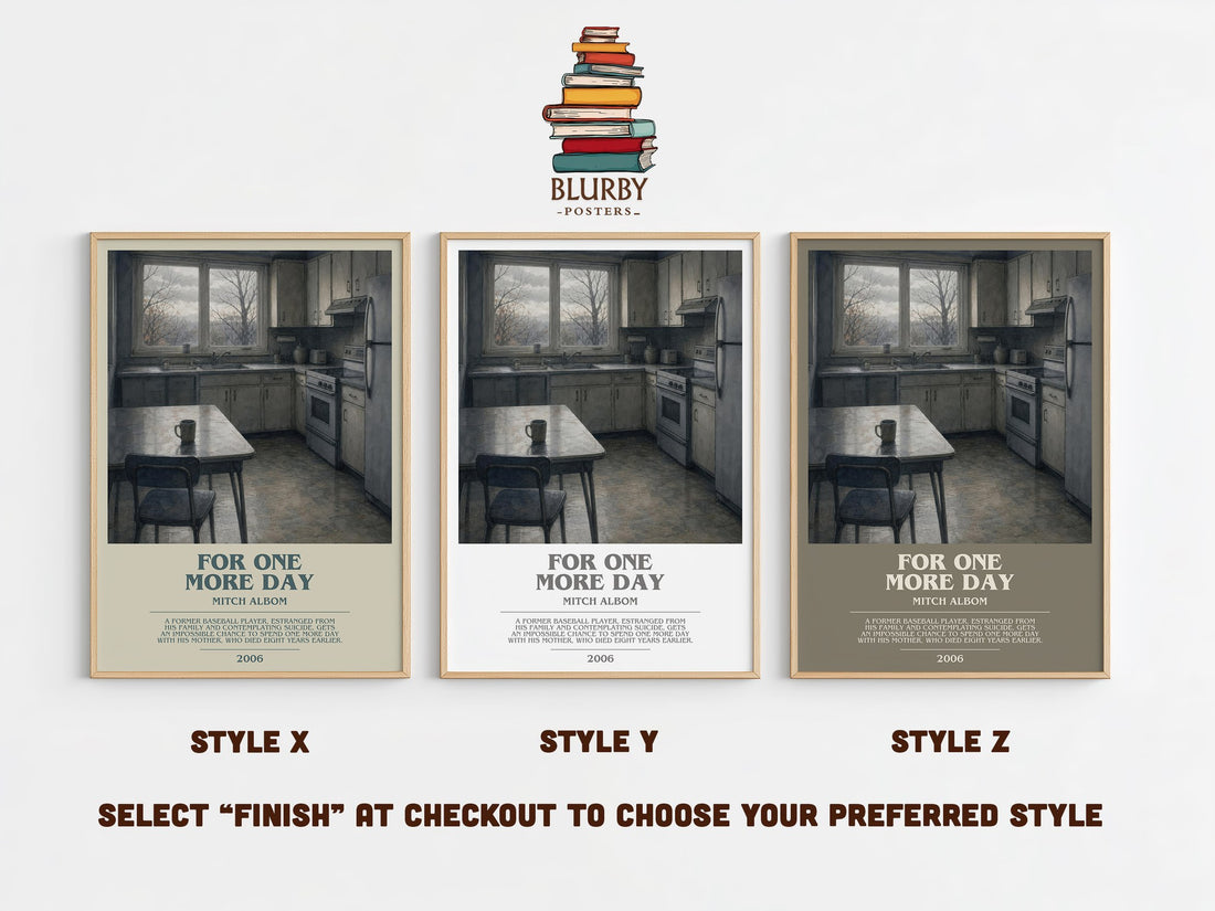 For One More Day bookish print in frame leaning in hallway – contemporary fiction wall art (mockup)
