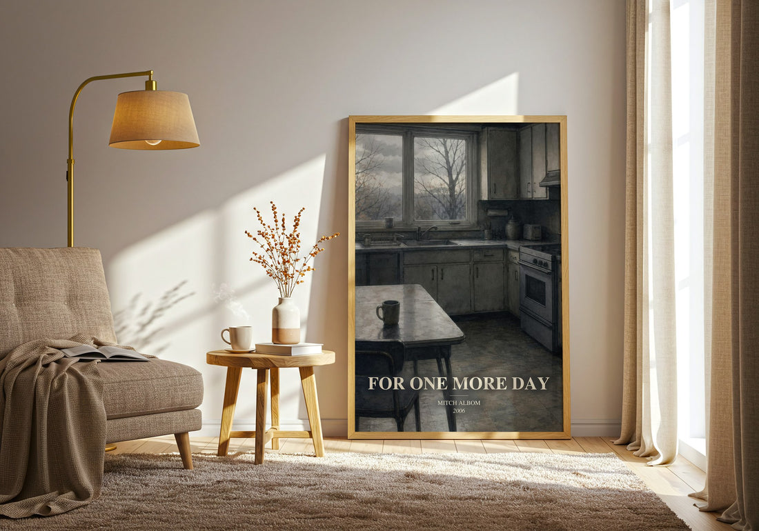 For One More Day watercolour print in frame leaning in hallway – contemporary fiction wall art