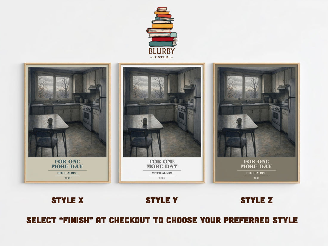 For One More Day book cover print in frame leaning in hallway – contemporary fiction wall art (mockup)