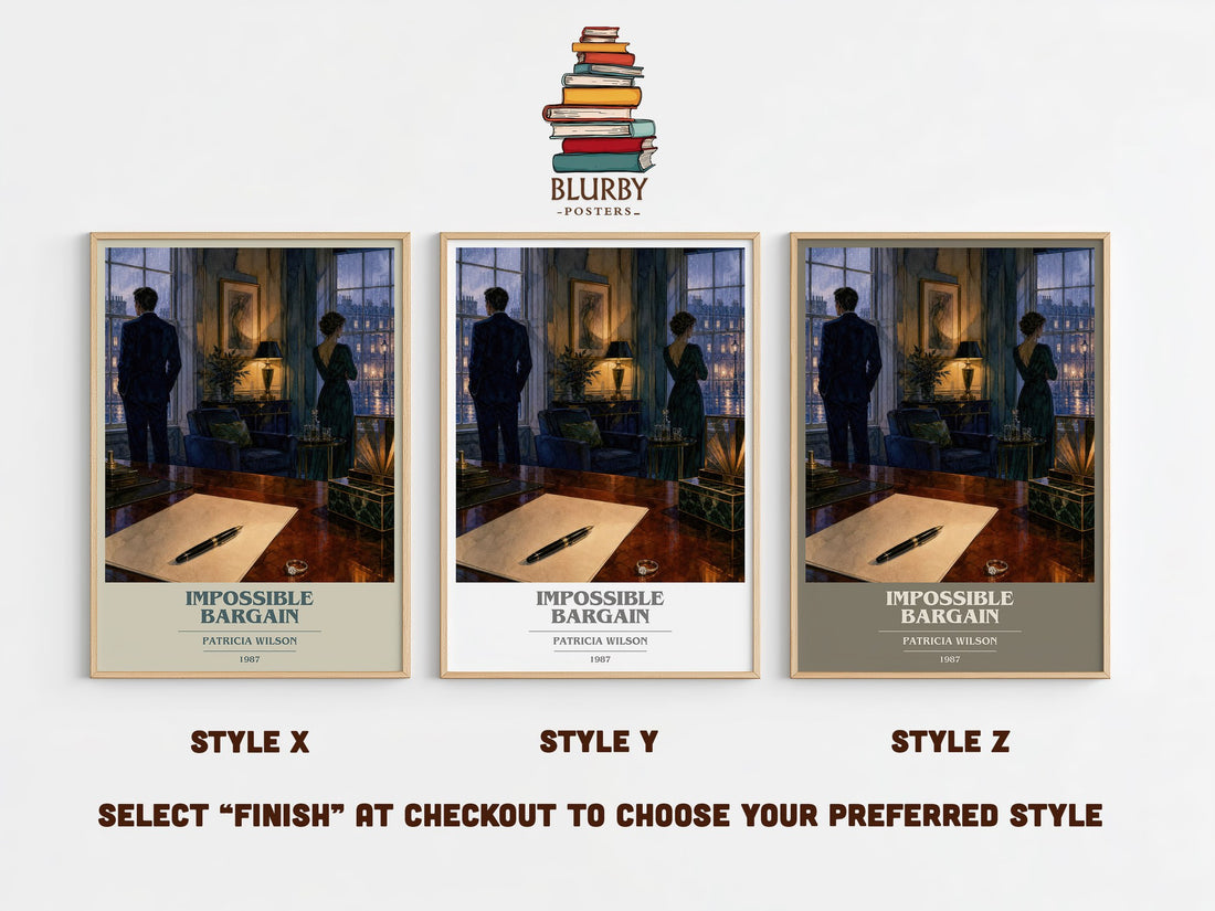 Impossible Bargain book cover print in frame leaning in hallway – romance wall art (mockup)