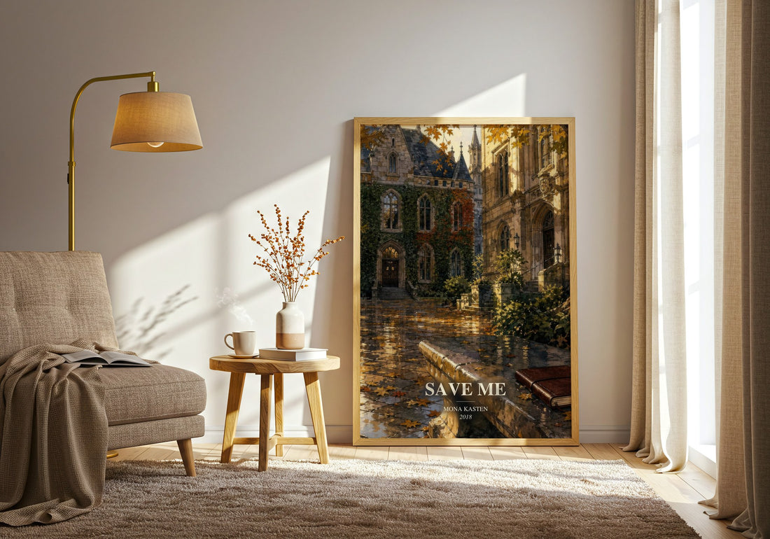 Save Me watercolour print in frame leaning in hallway – romance wall art