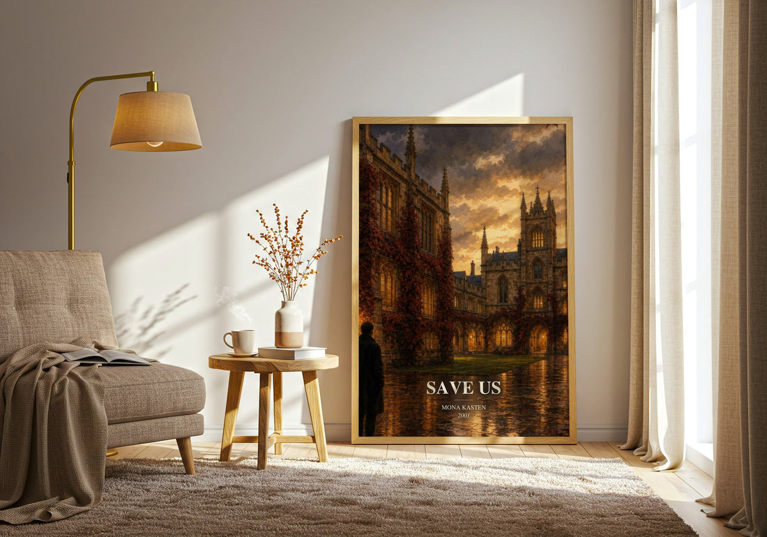 Save Us watercolour print in frame leaning in hallway – contemporary fiction wall art