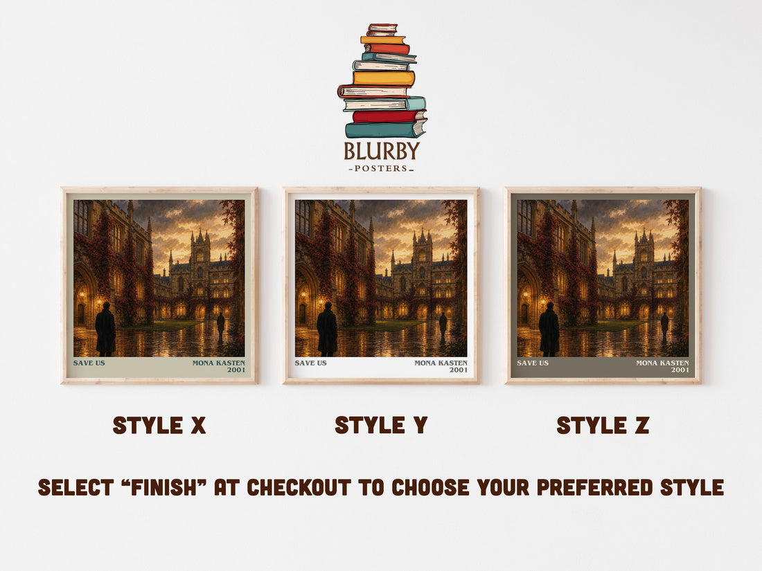 Save Us literary print in frame leaning in hallway – contemporary fiction wall art (mockup)