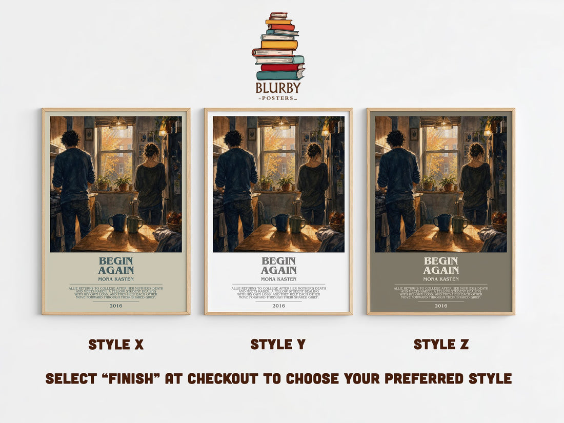 Begin Again bookish print in frame leaning in hallway – contemporary fiction wall art (mockup)