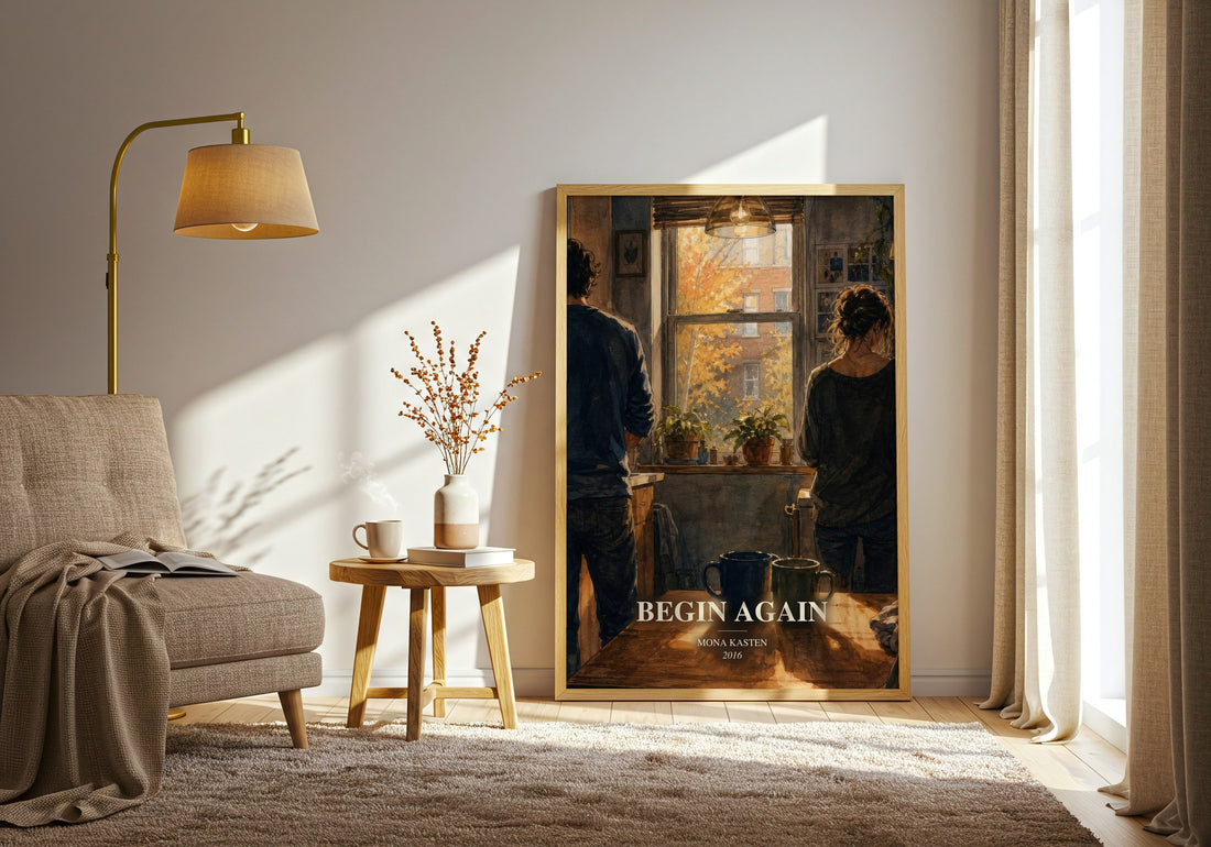 Begin Again watercolour print in frame leaning in hallway – contemporary fiction wall art