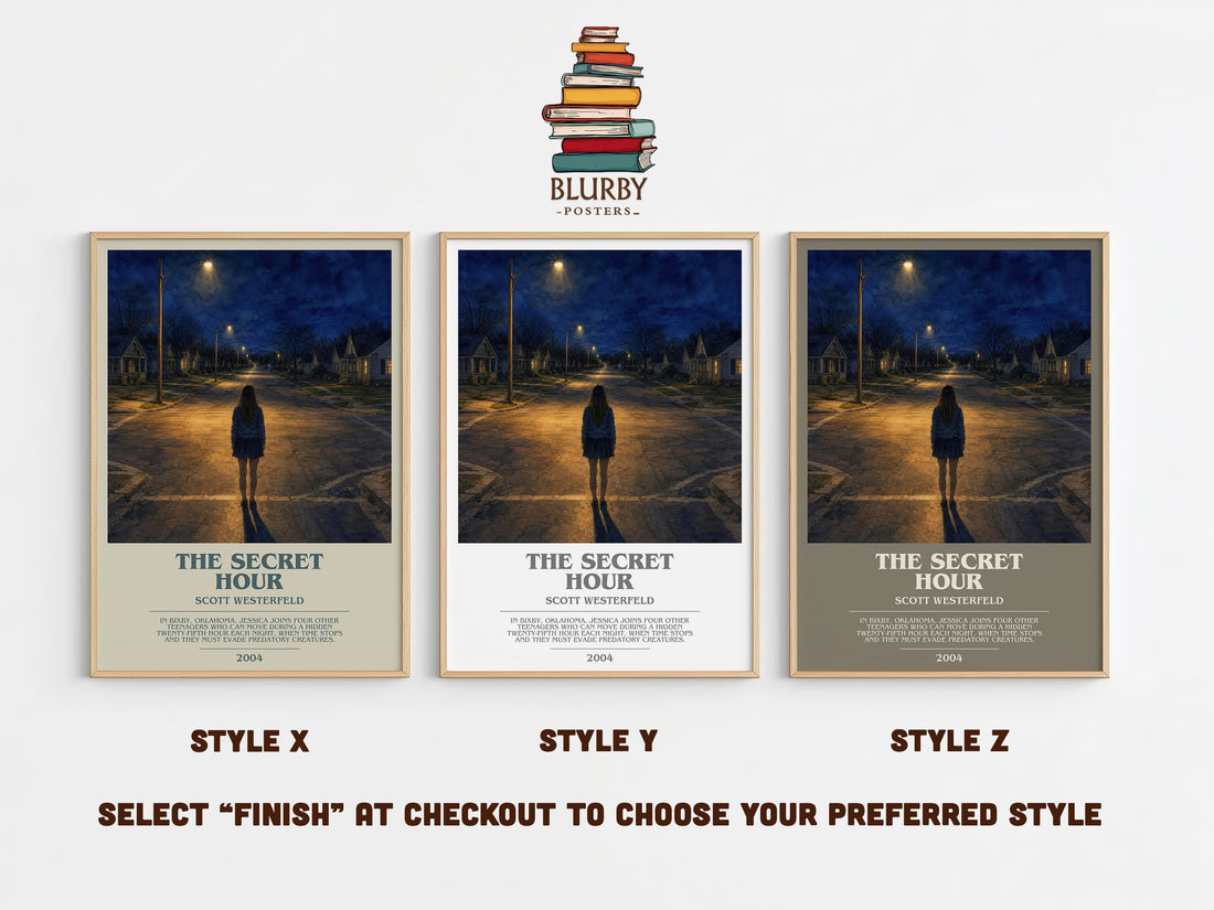 The Secret Hour bookish print in frame leaning in hallway – young adult wall art (mockup)