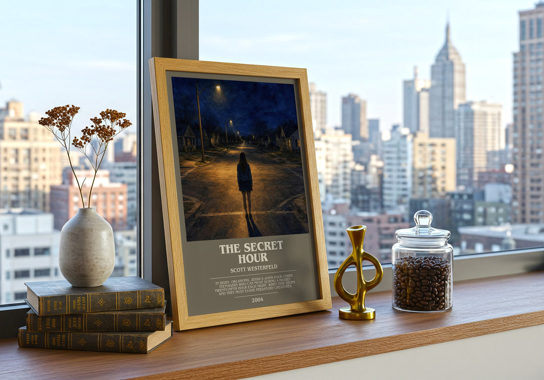 The Secret Hour bookish print framed by window – literary home decor