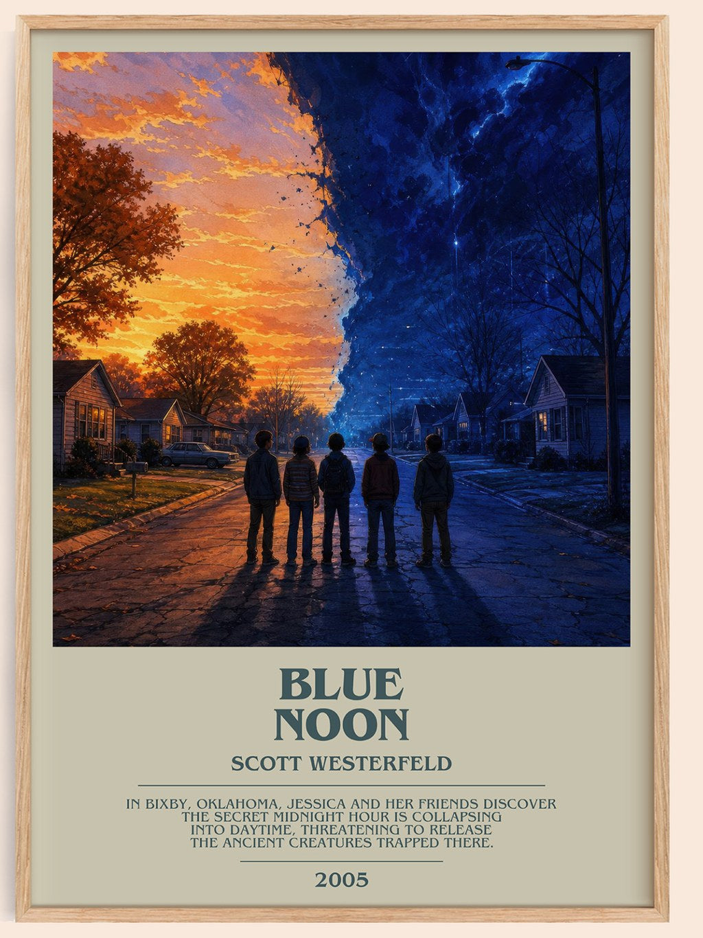 Blue Noon bookish book poster by Scott Westerfeld – framed literary art print