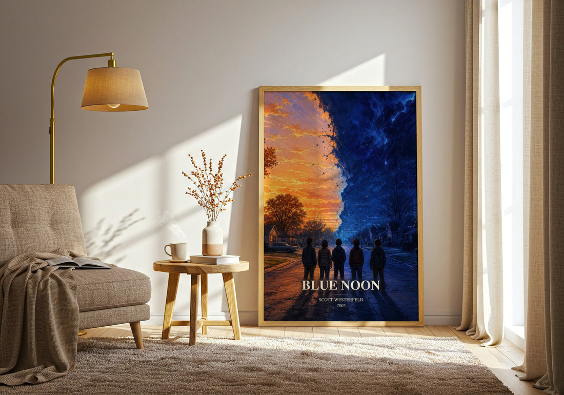 Blue Noon watercolour print in frame leaning in hallway – young adult wall art