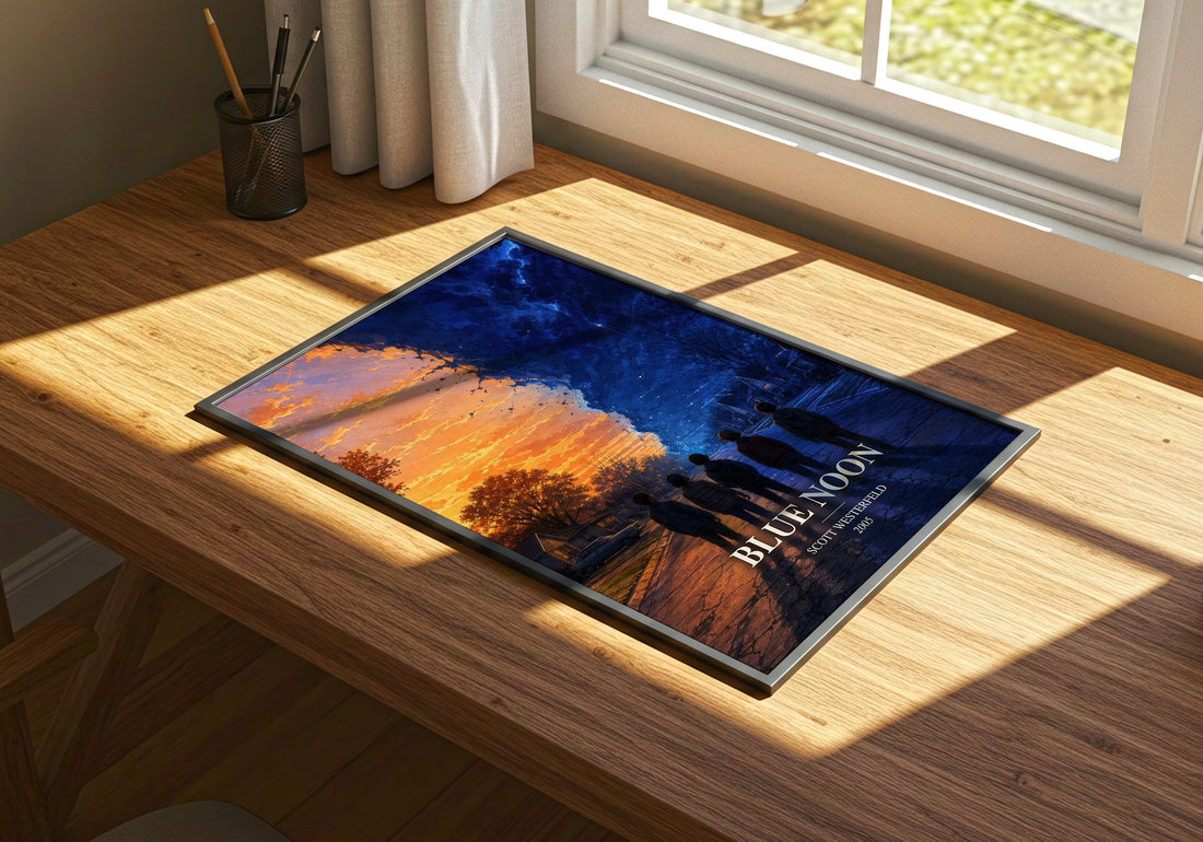 Blue Noon watercolour book poster framed on wall – young adult wall art