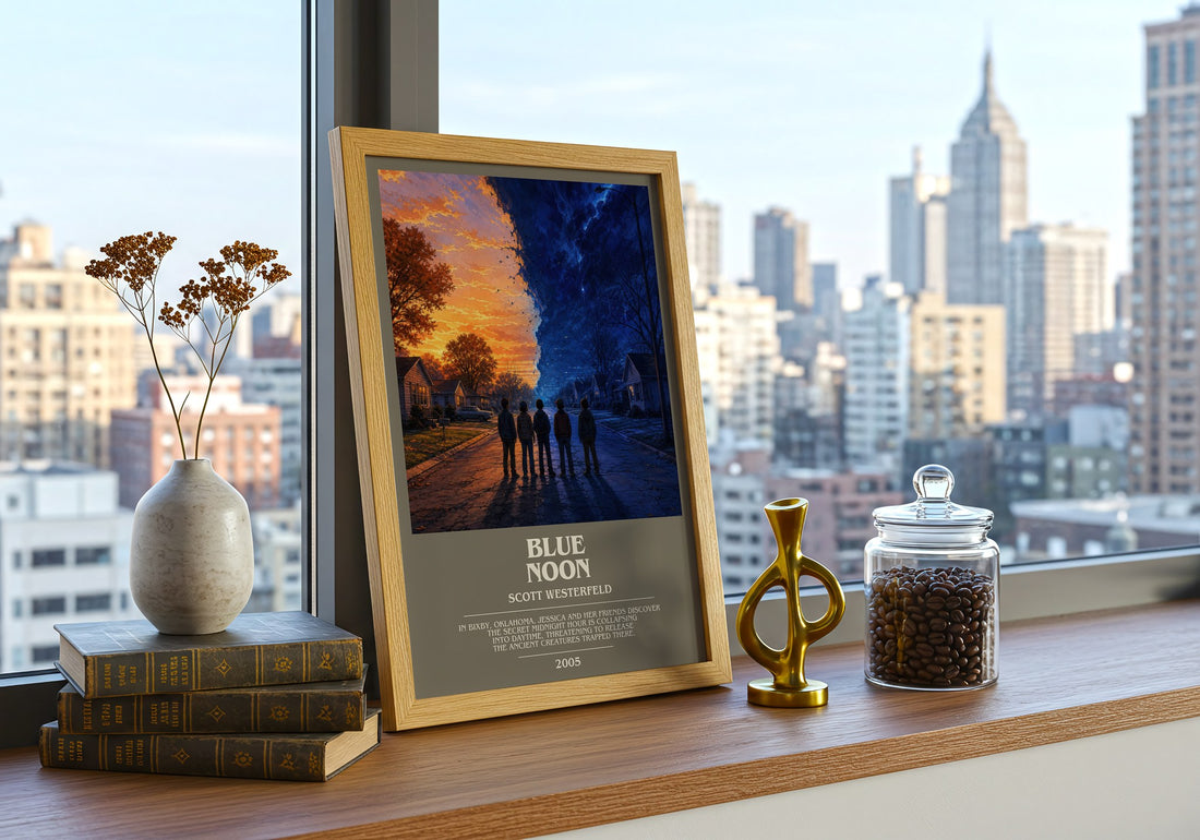 Blue Noon bookish print framed by window – literary home decor