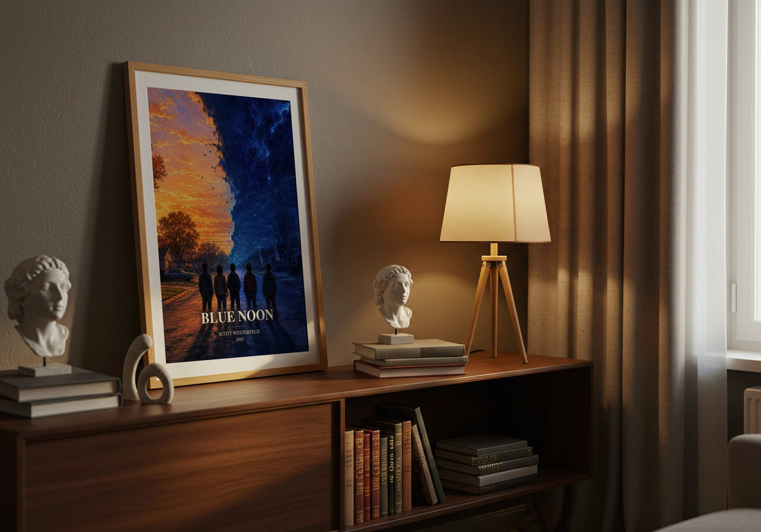 Blue Noon watercolour print on bookshelf – Scott Westerfeld fan gift