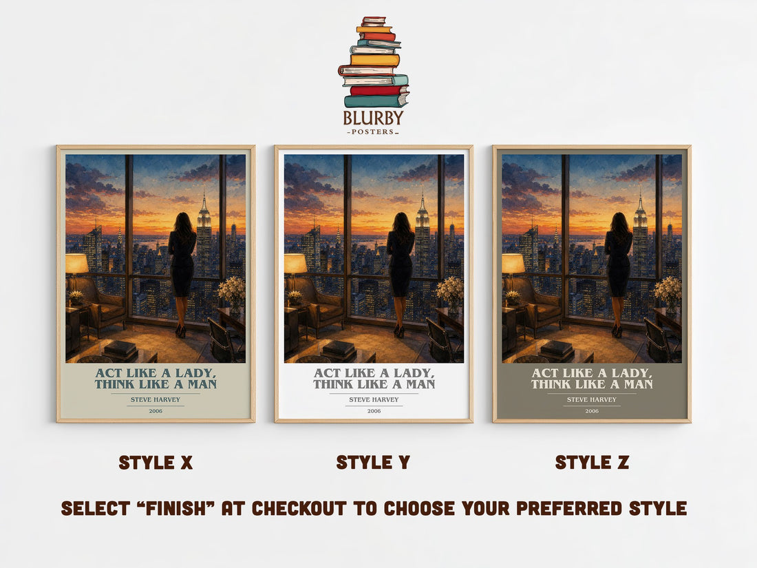 Act Like a Lady, Think Like a Man book cover print in frame leaning in hallway – non fiction wall art (mockup)