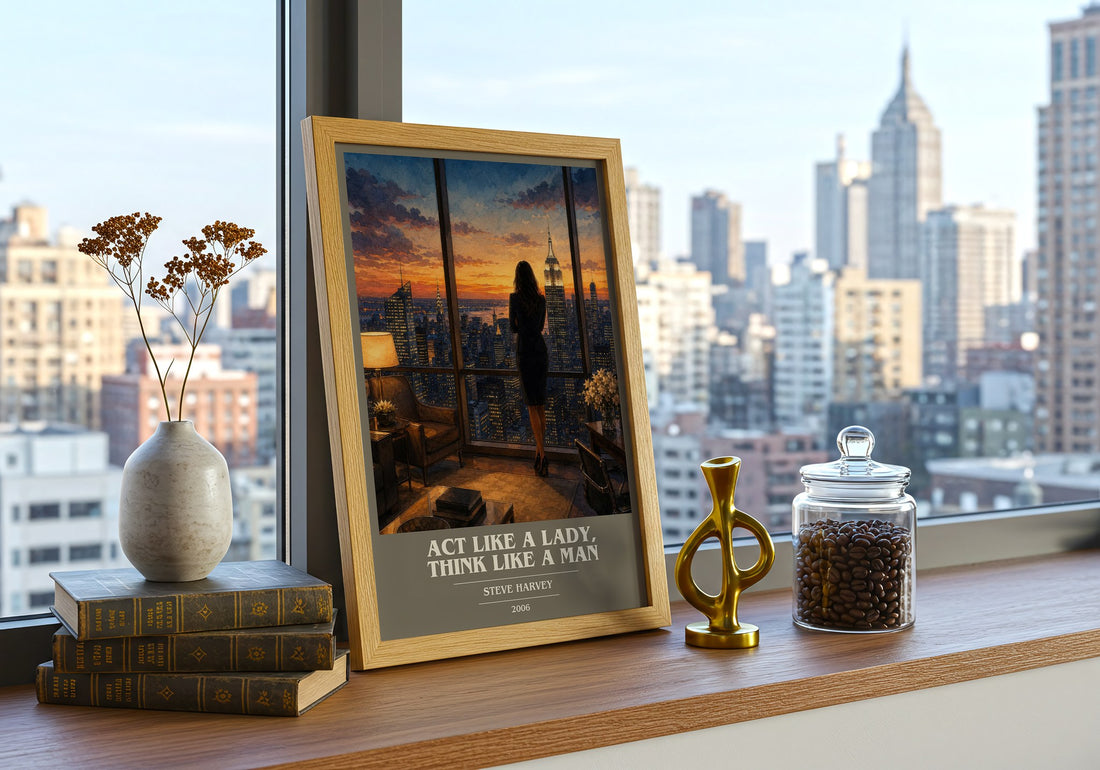 Act Like a Lady, Think Like a Man book cover print framed by window – literary home decor
