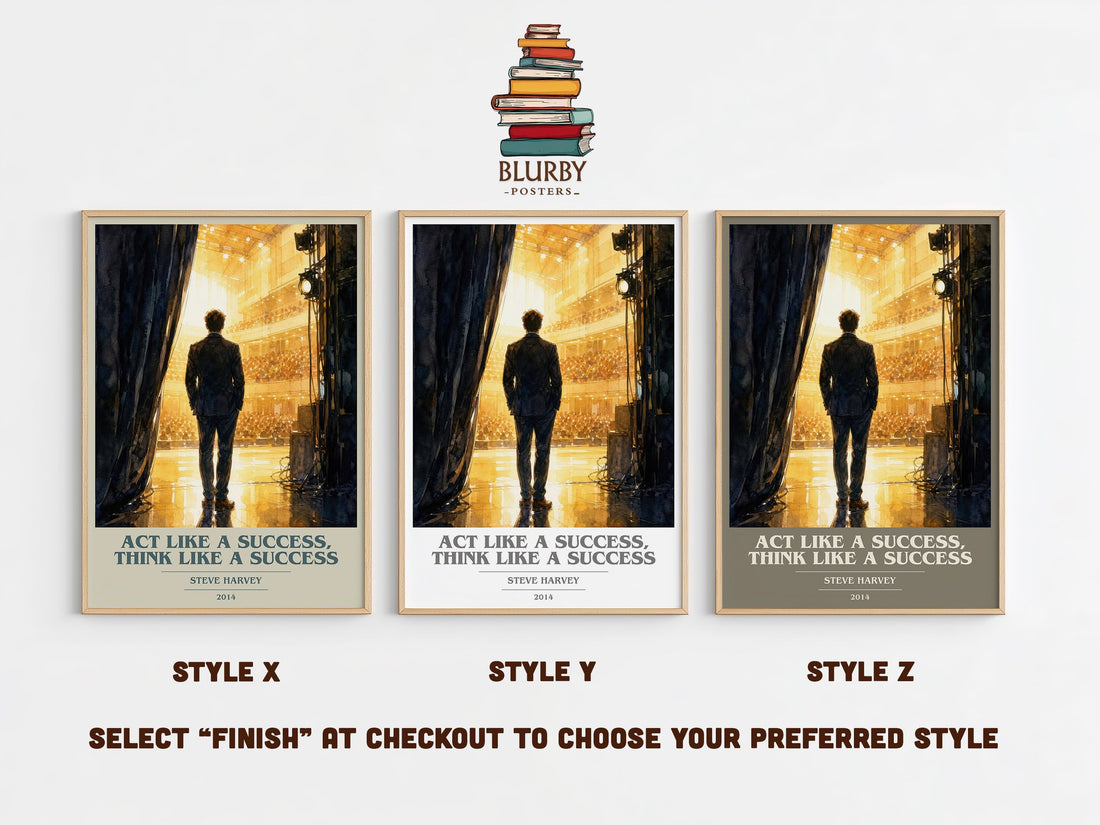 Act Like a Success, Think Like a Success book cover print in frame leaning in hallway – non fiction wall art (mockup)