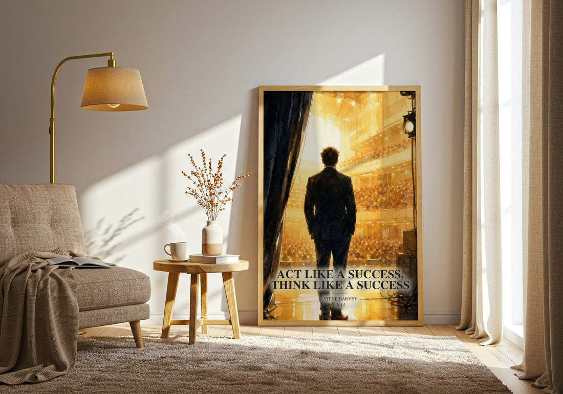 Act Like a Success, Think Like a Success watercolour print in frame leaning in hallway – non fiction wall art