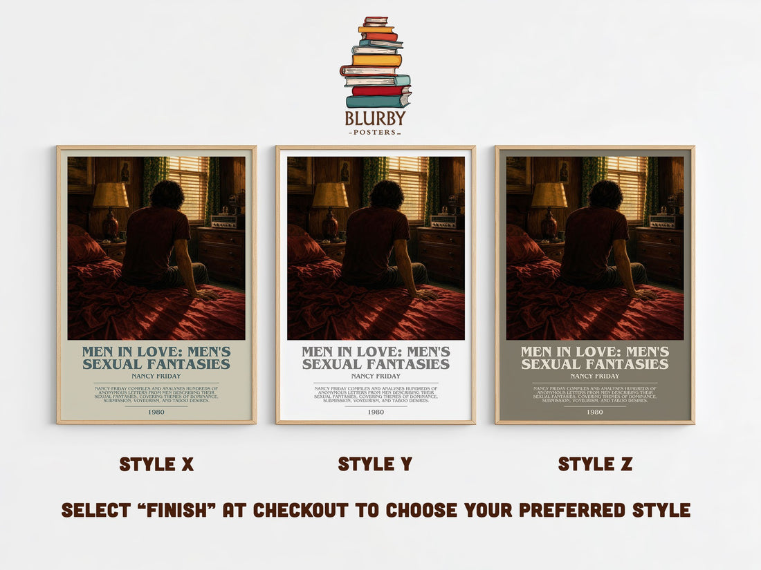 Men in Love: Men's Sexual Fantasies bookish print in frame leaning in hallway – non fiction wall art (mockup)