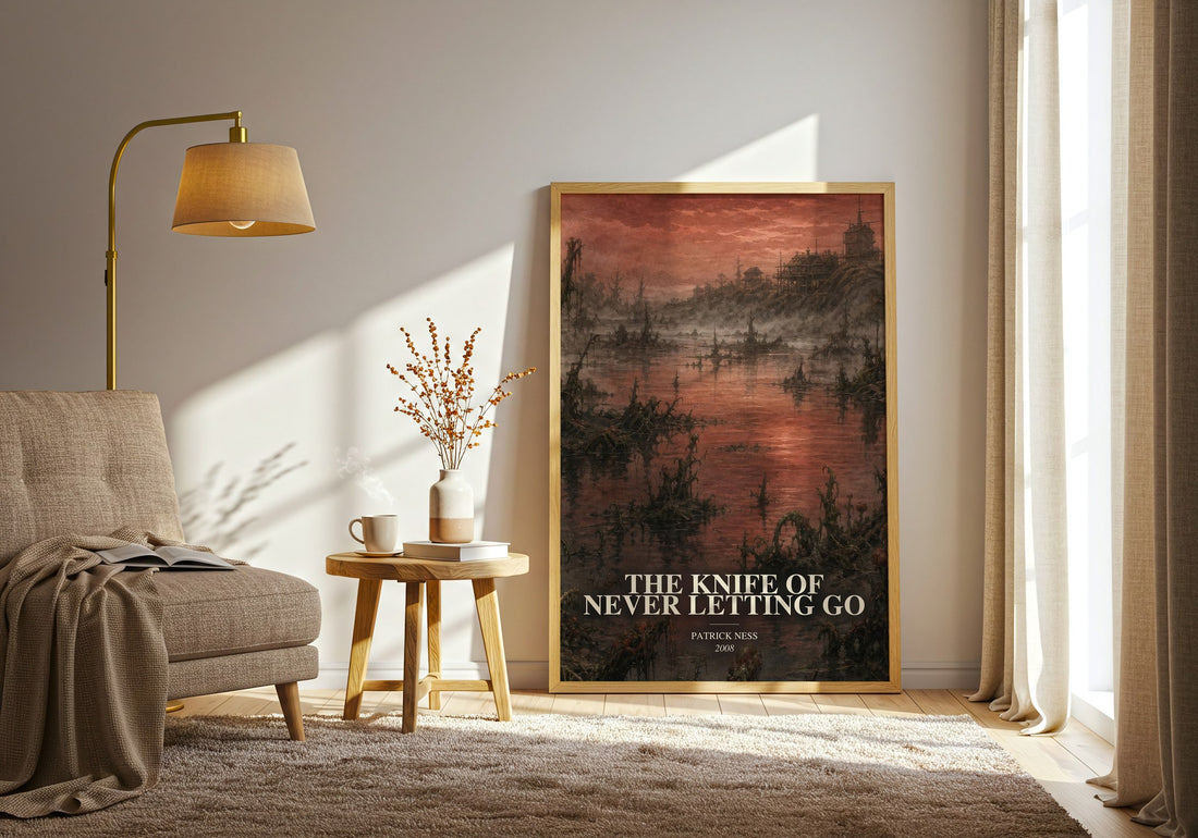 The Knife of Never Letting Go watercolour print in frame leaning in hallway – dystopian wall art