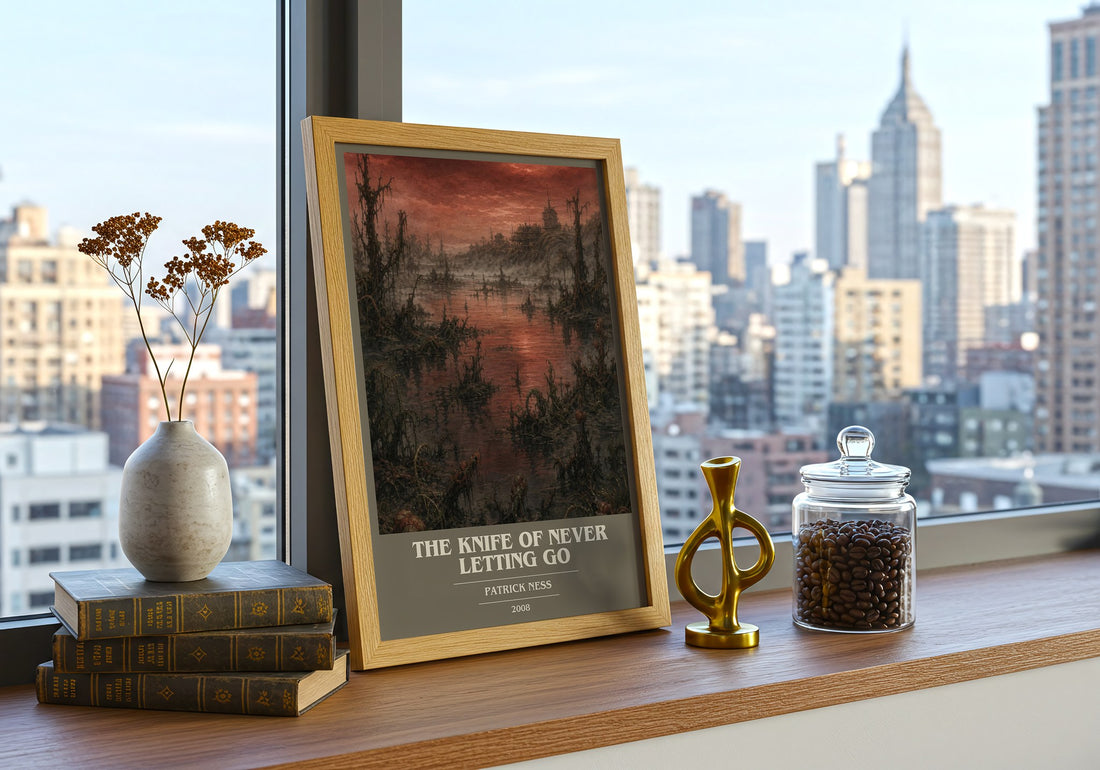 The Knife of Never Letting Go book cover print framed by window – literary home decor