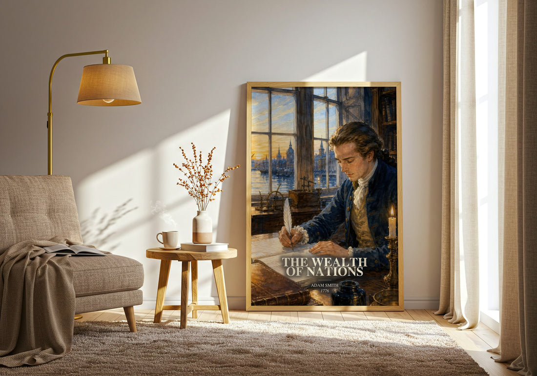 The Wealth of Nations watercolour print in frame leaning in hallway – philosophy wall art