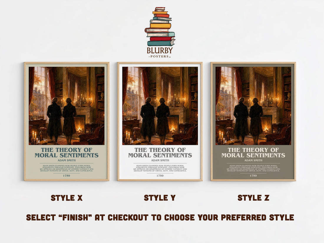The theory of moral sentiments bookish print in frame leaning in hallway – philosophy wall art (mockup)