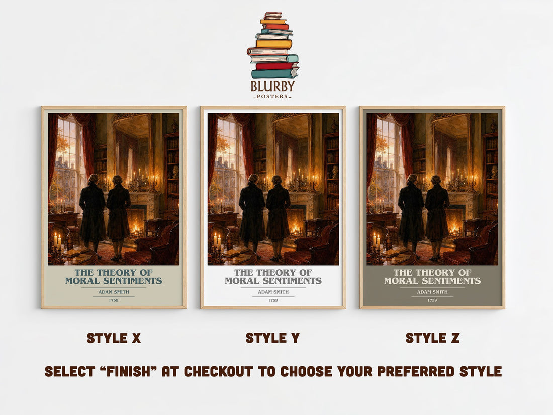 The theory of moral sentiments book cover print in frame leaning in hallway – philosophy wall art (mockup)