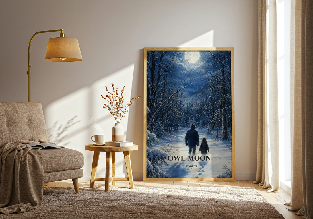 Owl Moon watercolour print in frame leaning in hallway – childrens wall art
