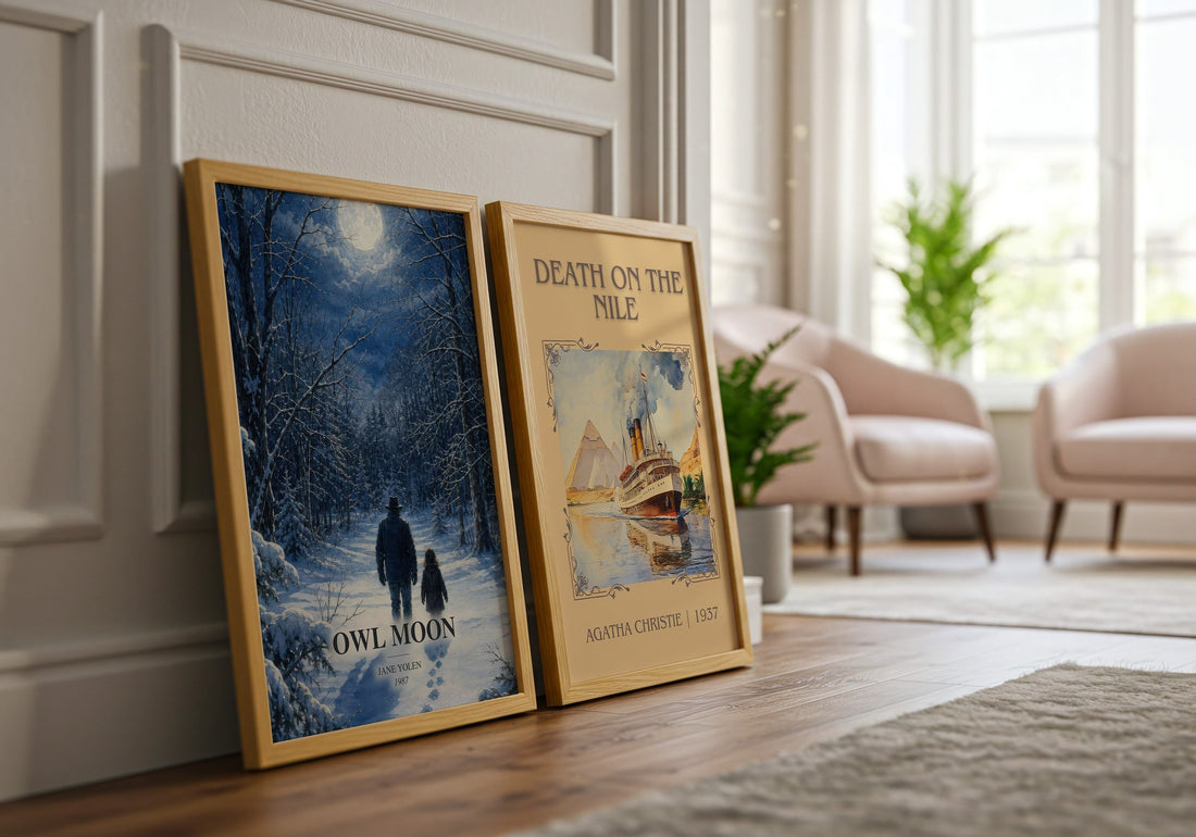 Owl Moon watercolour print framed by window – literary home decor