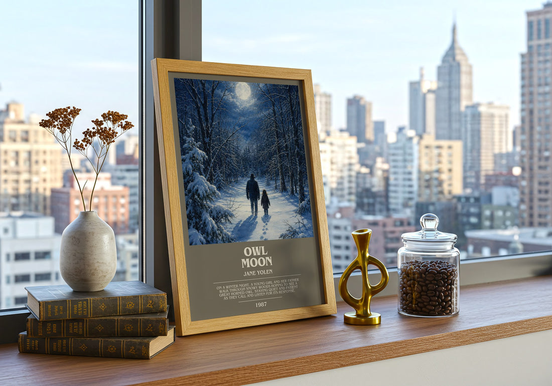 Owl Moon bookish print framed by window – literary home decor