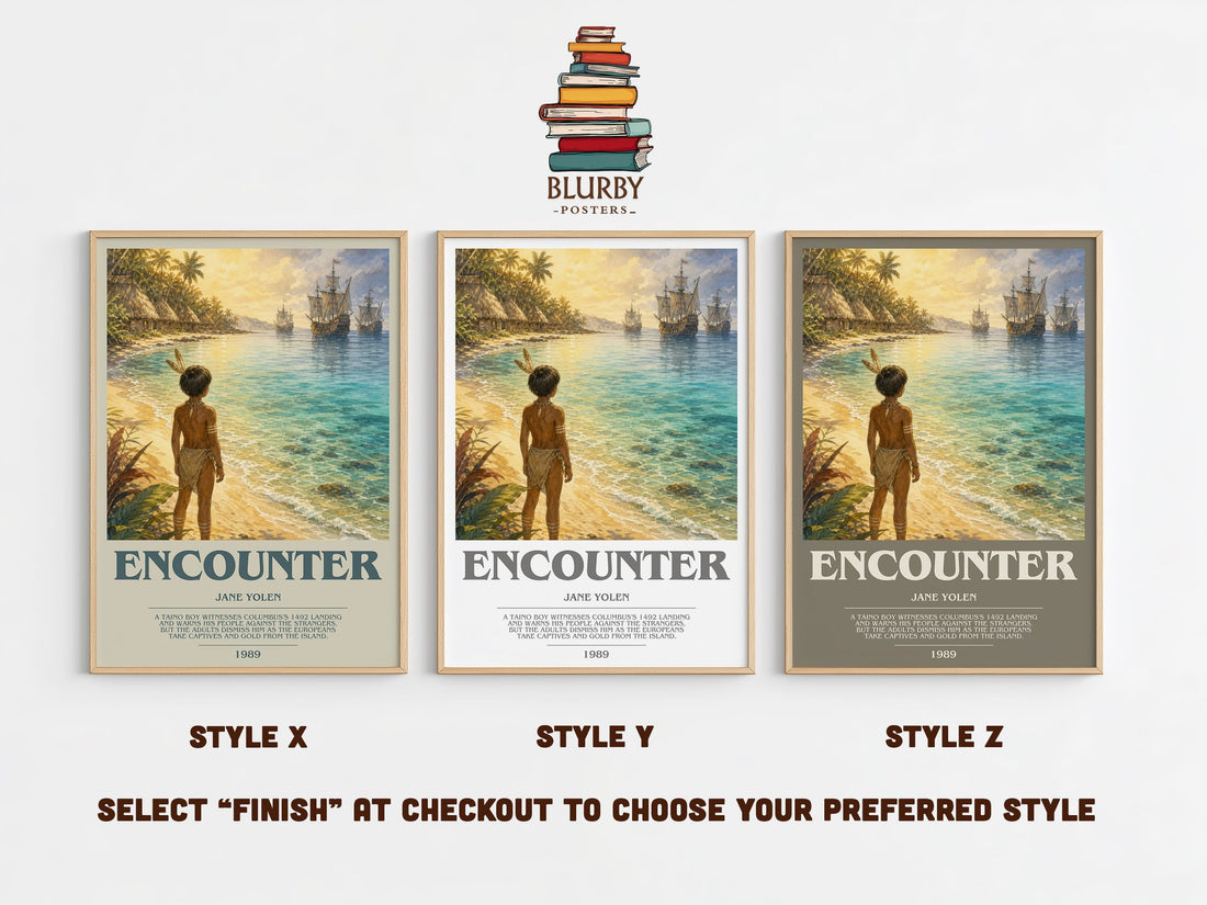 Encounter bookish print in frame leaning in hallway – childrens wall art (mockup)