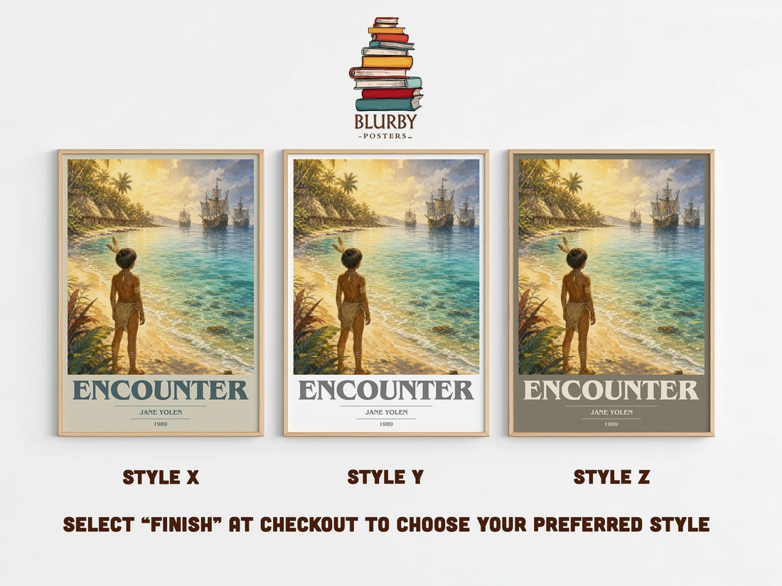 Encounter book cover print in frame leaning in hallway – childrens wall art (mockup)