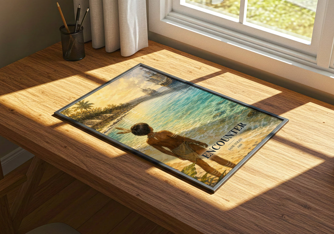 Encounter watercolour book poster framed on wall – childrens wall art