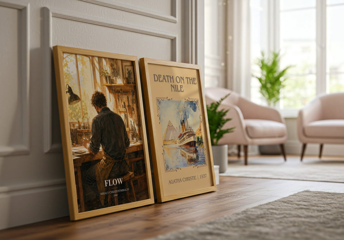 Flow watercolour print framed by window – literary home decor