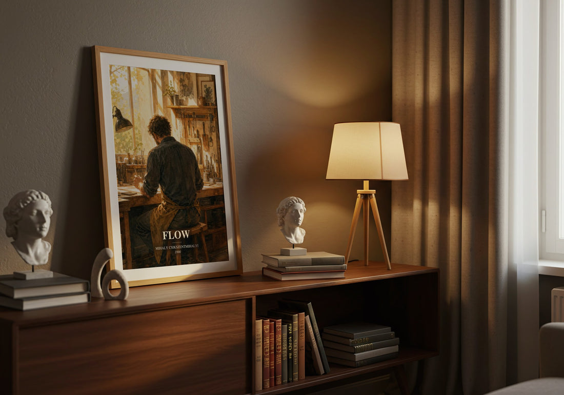 Flow watercolour print on bookshelf – Mihaly Csikszentmihalyi fan gift