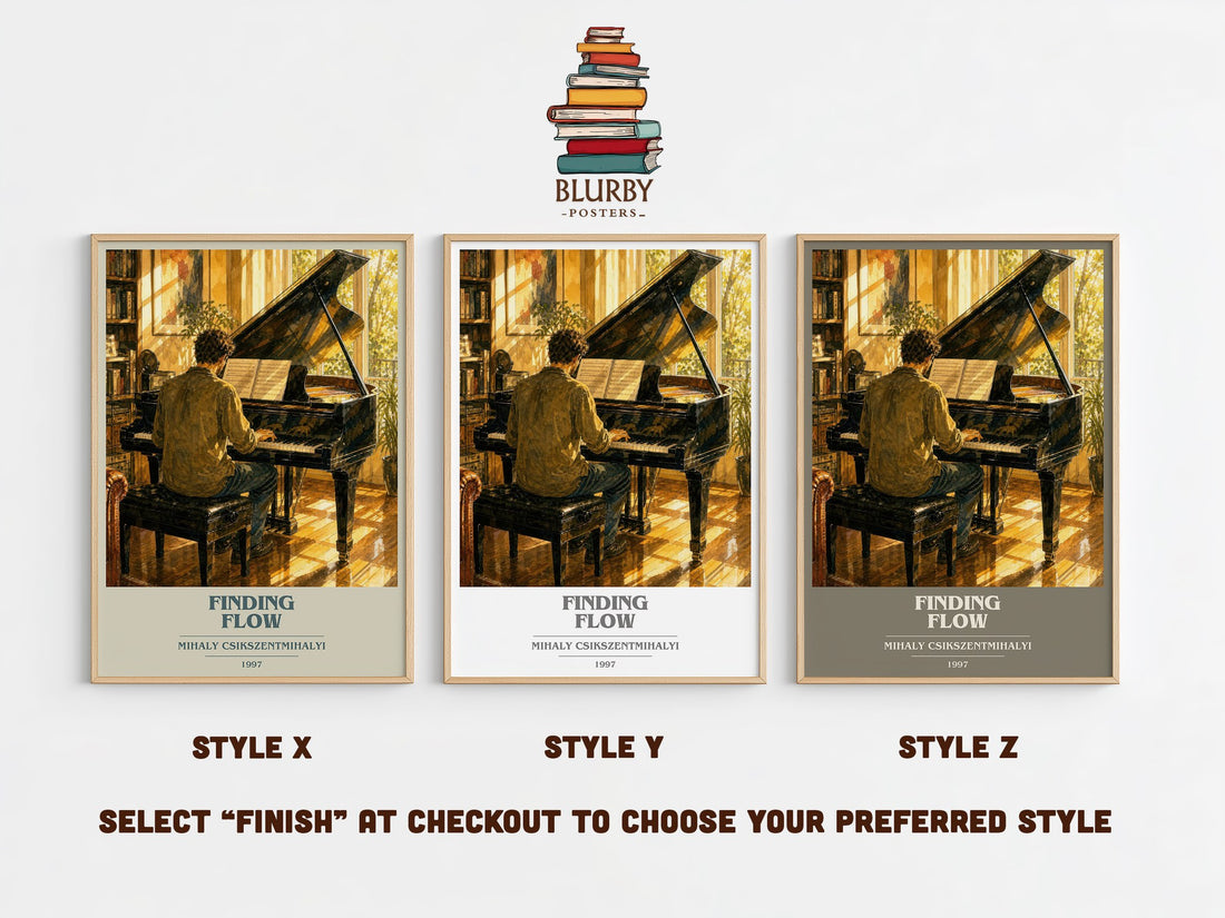 Finding flow book cover print in frame leaning in hallway – non fiction wall art (mockup)