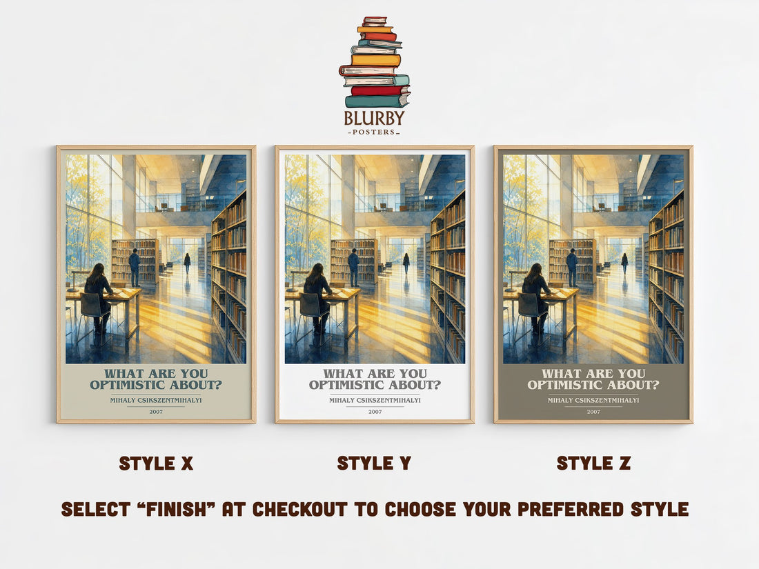 What Are You Optimistic About? book cover print in frame leaning in hallway – non fiction wall art (mockup)