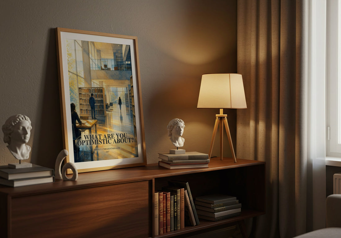 What Are You Optimistic About? watercolour print on bookshelf – Mihaly Csikszentmihalyi fan gift