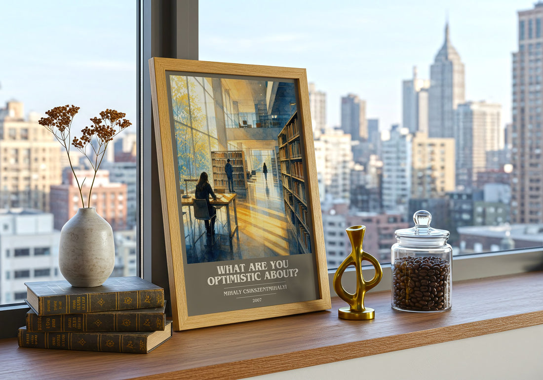 What Are You Optimistic About? book cover print framed by window – literary home decor